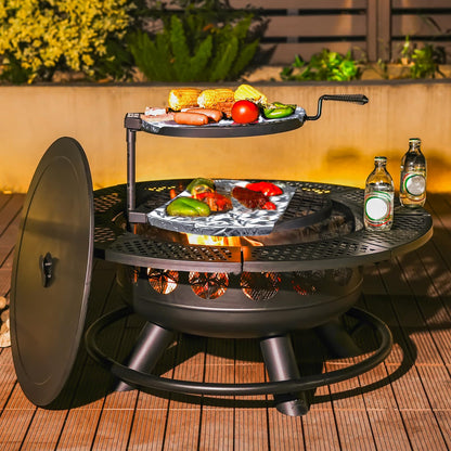 36 Inch Fire Pit with 2 Cooking Grills,Outdoor Wood Burning BBQ Firepit with Lid, 3-in-1 Outdoor Fire Pit for Backyard Deck Bonfire Patio Picnic