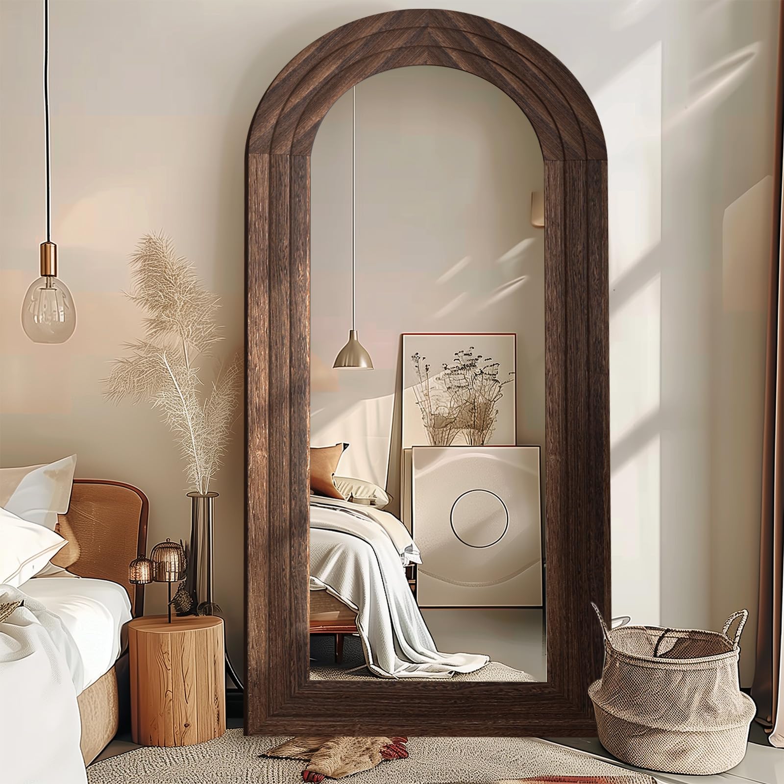 ZHUNFA Arched Full Length Mirror with Solid Wood Frame, 71x32 Farmhouse Wall Mounted Floor Mirror with Stand, Vertical Hanging, Leaning Standing for Bedroom, Living Room, Brown - WoodArtSupply