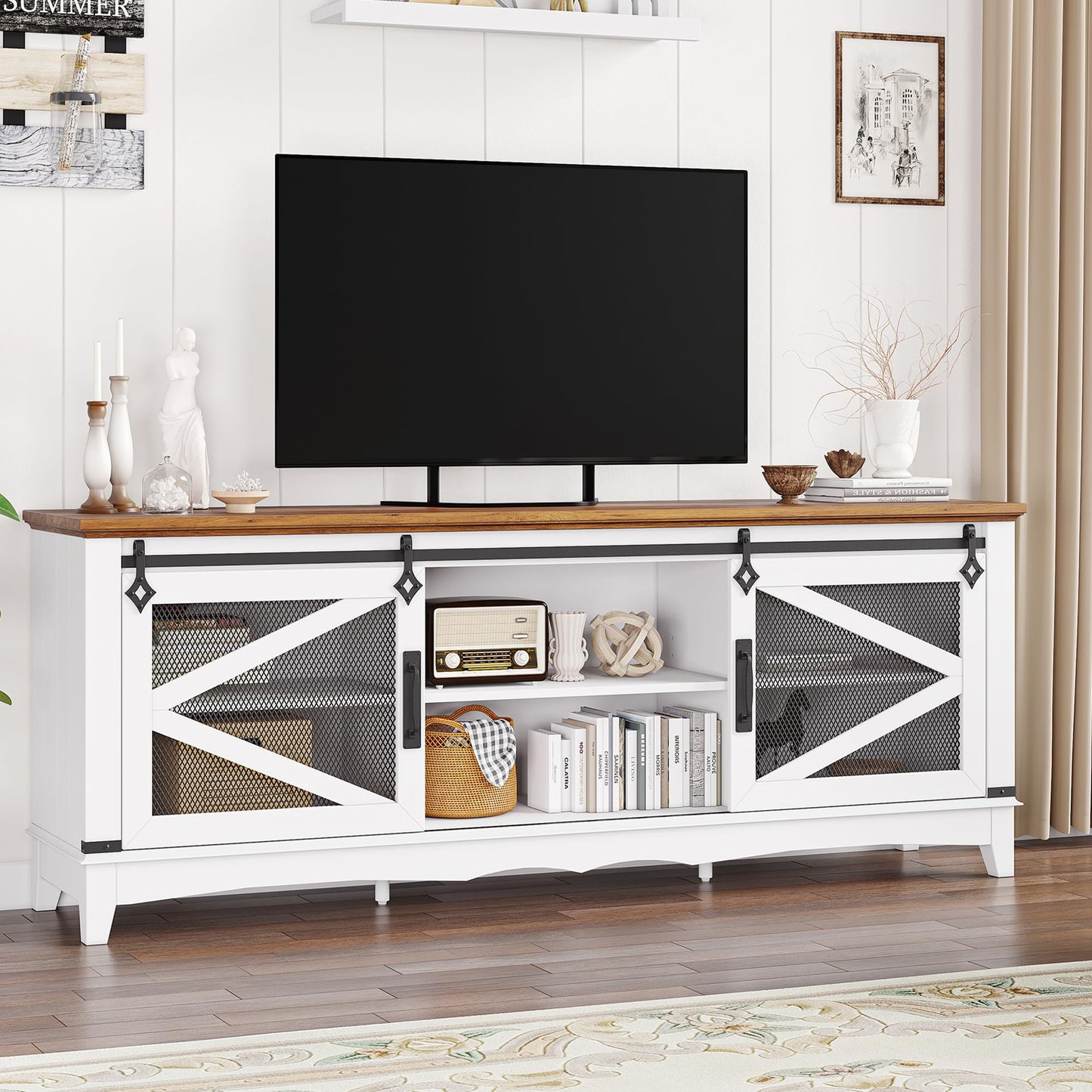 IDEALHSOUE Farmhouse TV Stand 75 Inch Entertainment Center White TV Console Modern Media Furniture Wood TV Console Cabinet with Sliding Barn Door and Adjustable Shelf for Living Room Bedroom