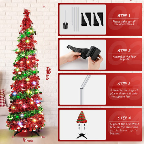 5 FT Collapsible Sequin Pop Up Christmas Tree with 90 LED Lights, Skinny Pencil Tinsel Xmas Tree with Stand for Apartments Kungfuking