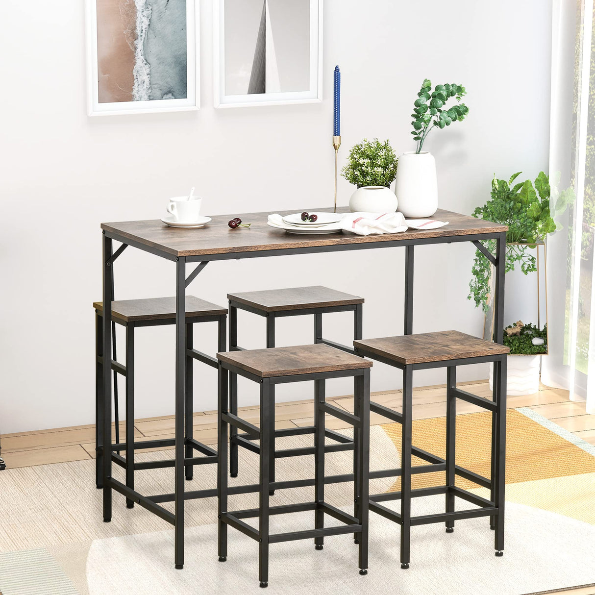 HOMCOM 5-Piece Industrial Dining Table Set, Bar Table & 4 Stools Set, Space Saving for Pub & Kitchen, Black/Brown HOMCOM