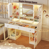 HUAHUU Vanity Desk with Mirror and RGB Lights, 43" Large Makeup Vanity with Glass Top, 4 Large Glass Cabinets, Power Outlet & 3 Drawers, 3 Colors Lighting Adjustable Brightness for Bedroom, White HUAHUU
