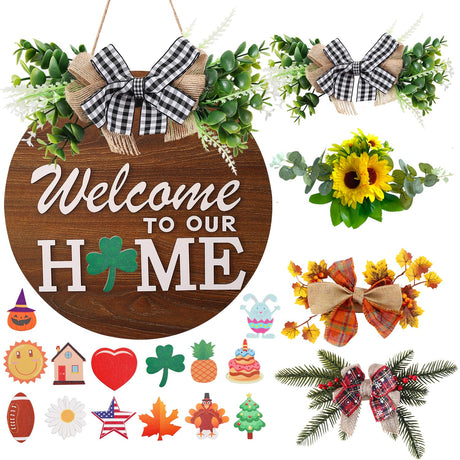 Interchangeable Welcome Sign for Front Door with 4 Seasonal Wreaths and 14 Changeable Icons, Farmhouse Front Door Signs, Door Decoration Porch Decor, Seasonal Wooden Home Sign Home décor (6wood) HOMCDALY