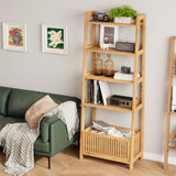 Bamjoy Bamboo Ladder Shelf, Bookshelf with 4 Display Shelves and 1 Open Storage Basket, Multifunctional Storage Rack Organizer for Home Office, Bedroom, Living Room, 66” H Natural Bamjoy