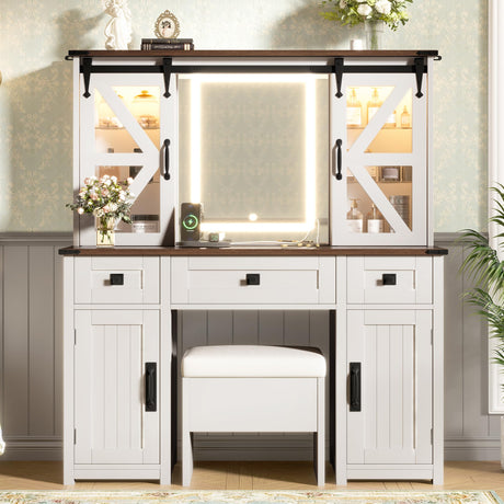 Merax 43.3" Farmhouse Makeup Vanity Desk with Mirror and Storage Stool and Charging Station, Beige Vanity Table Set with Sliding Barn Door Hidden Shelves, 3 Drawers and 4 Cabinets Merax