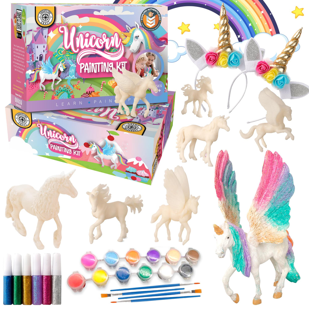 Unicorn Painting Kit for Girls - STEM Certified Unicorn Craft for Girls Ages 4-6 & up- Paint Your Own Arts and Crafts Includes 2 DIY Headbands & 8 Kids Painting Crafts for Fun Screen-Free Play COASTLINE CRAFT