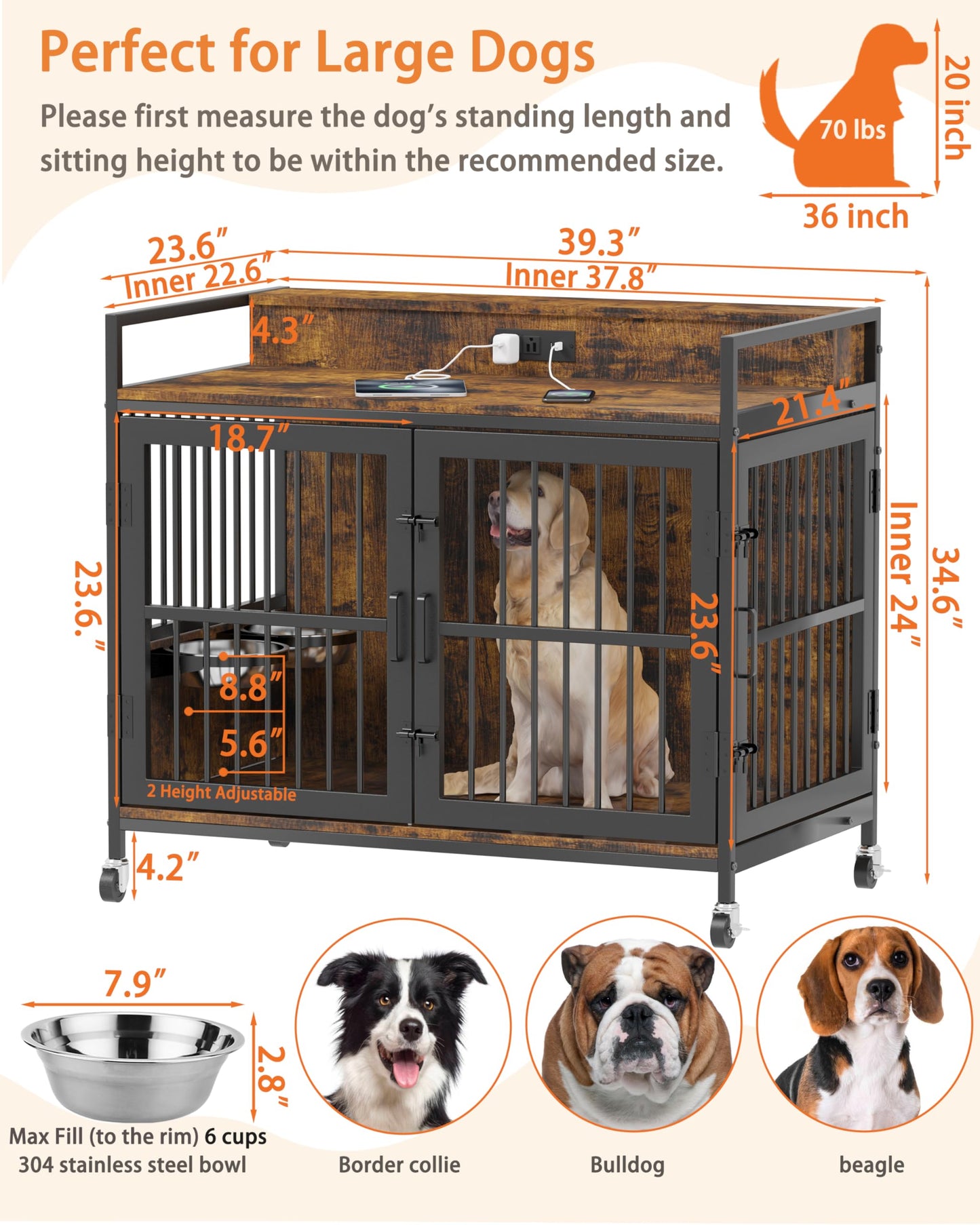 Piskyet Large Dog Crate Furniture,Heavy Duty Dog Crate Side Table with Charge Station and Storage&360°Rotatable Feeder and Stainless Steel Bowls,Indoor Double Door Kennel with Wheels - Rustic Brown