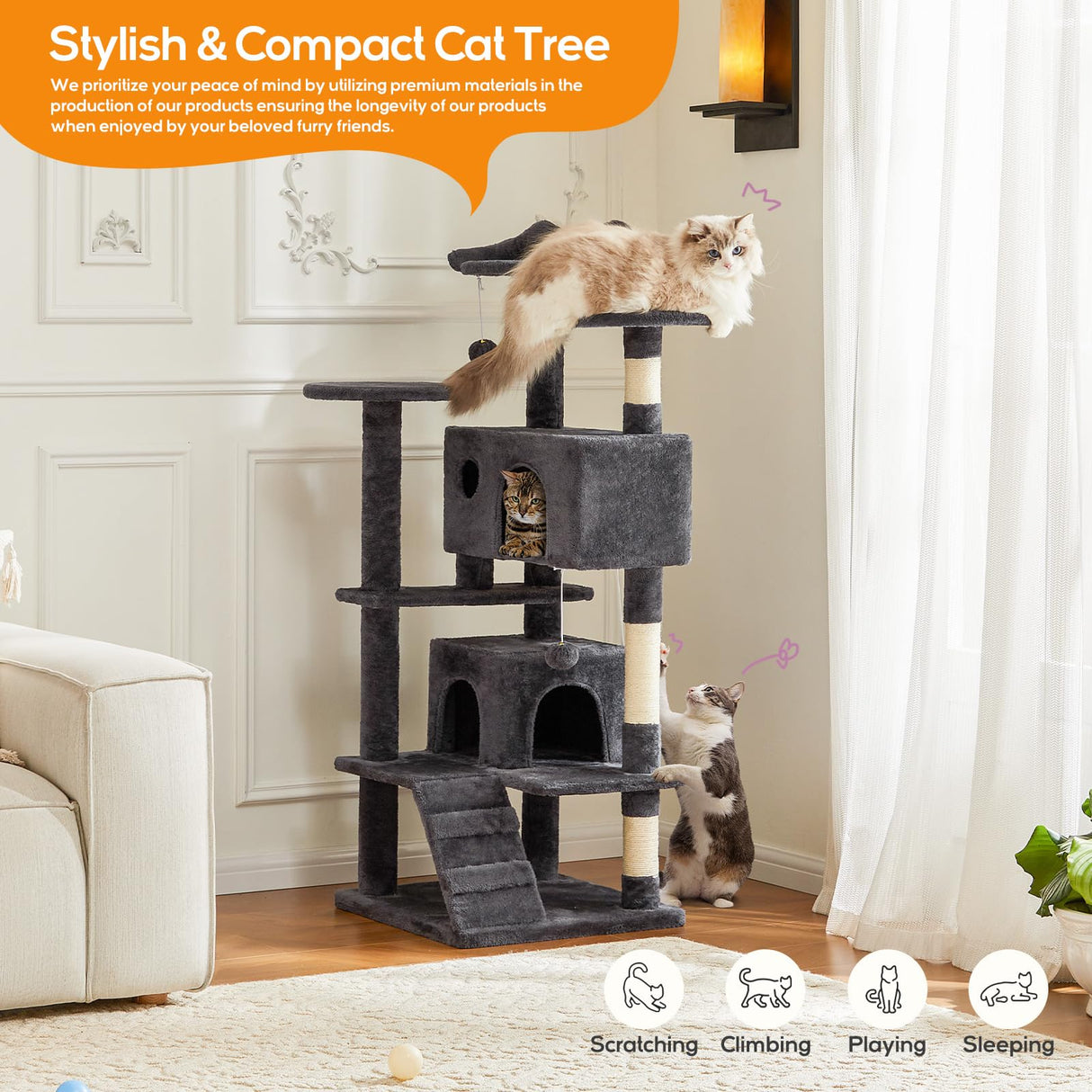 Cat Tree, 54-Inch Cat Tower for Indoor Cats with Sisal Scratching Post, Cat Play House, Large Kitty Condo, Plush Multi-Level with Climbing Ladder Aidoly