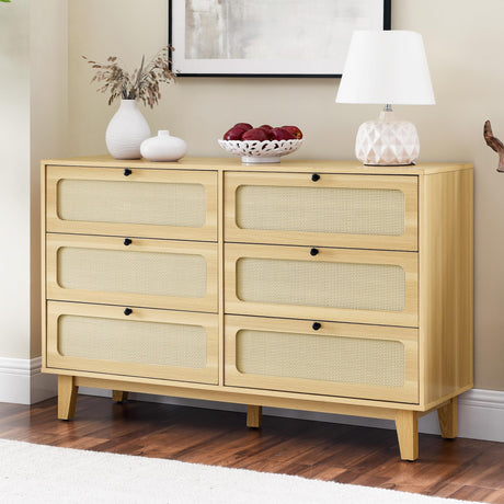 ROCKINGRUN 6 Drawer Rattan Dresser for Bedroom, Modern Wood Storage Closet Dressers Chest of Drawers with Golden Handles, Side Accent Table Organizer for Living Room Hallway Entryway (Natural) ROCKINGRUN