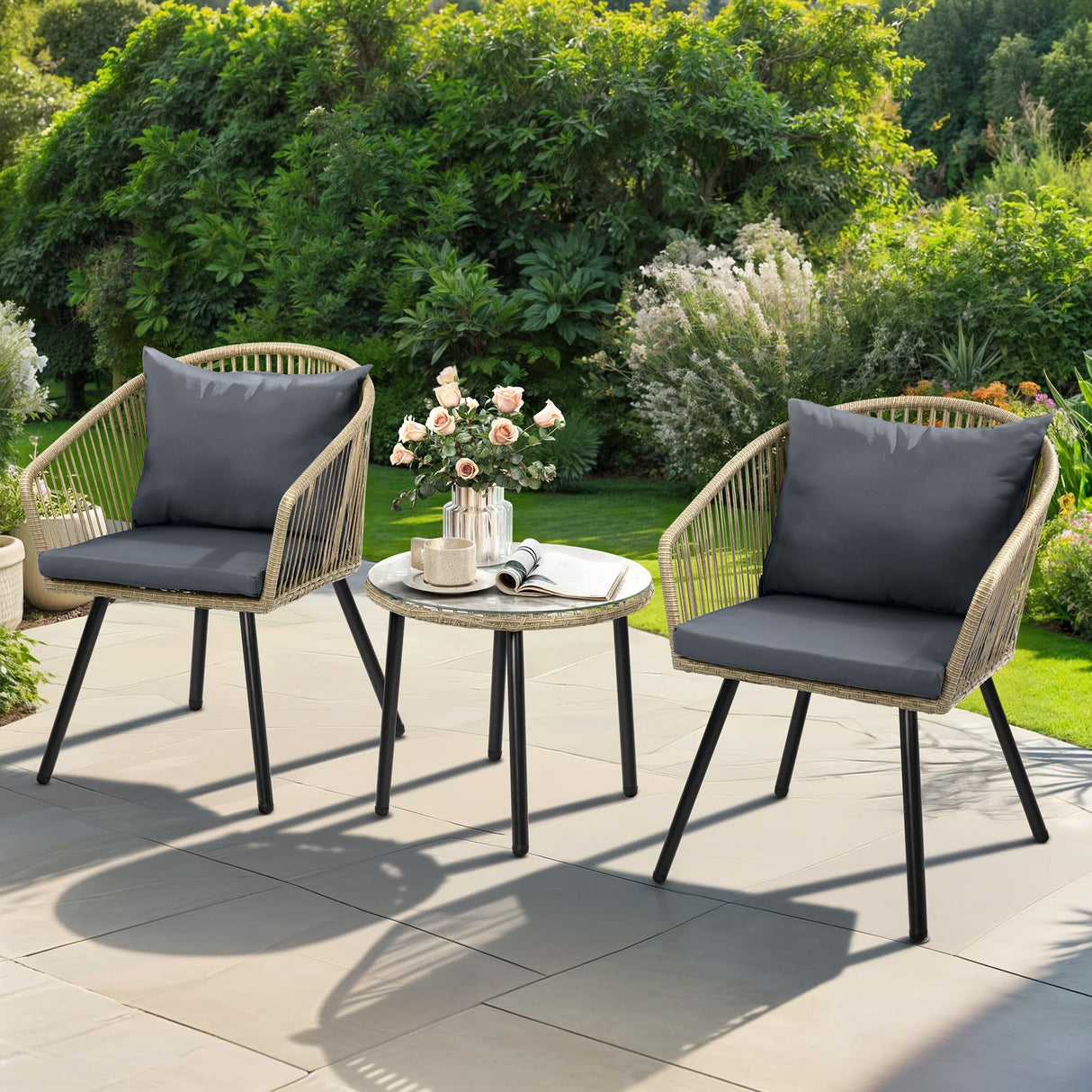DWVO Bistro Table and Chairs Set of 2, Outdoor Patio Furniture Set with Cushion Chairs and Glass Table, Front Porch Furniture for Backyard, Deck, and Balcony, Gray DWVO