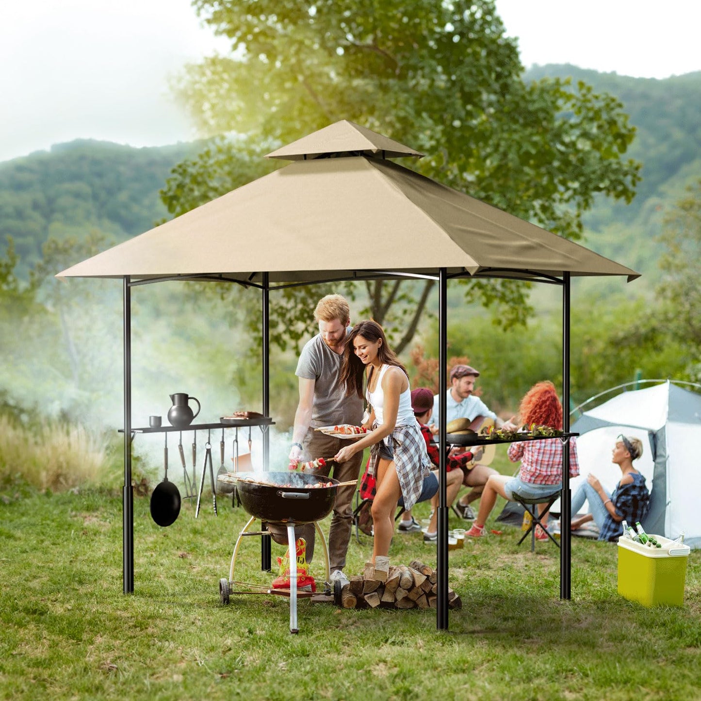 8x5 Grill Gazebo, Double Roof BBQ Gazebo with 2 Handy Shelves, Sturdy Steel Frame, 7 Hook Tools, Sun & Waterproof, Perfect for BBQ, Party, Garden (Khaki) - WoodArtSupply