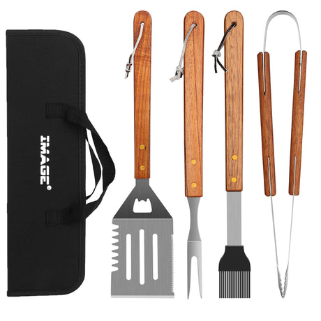 IMAGE Wooded BBQ Accessories Grilling Tools,Stainless Steel BBQ Tools Grill Tools Set for Cooking, Backyard Barbecue & Outdoor Camping Gift for Man Dad Women Barbecue Enthusiasts Set of 4 IMAGE