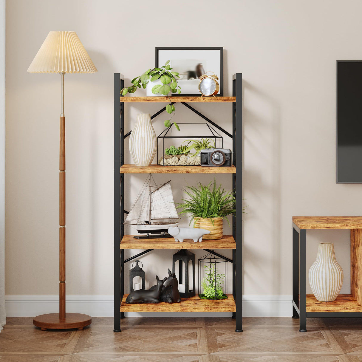 DurayLoly 4 Tier Bookshelf, Industrial Bookcase with Metal Frame and Sidebars, Small Bookshelf for Bedroom, Home Office and Living Room, Rustic Brown DurayLoly