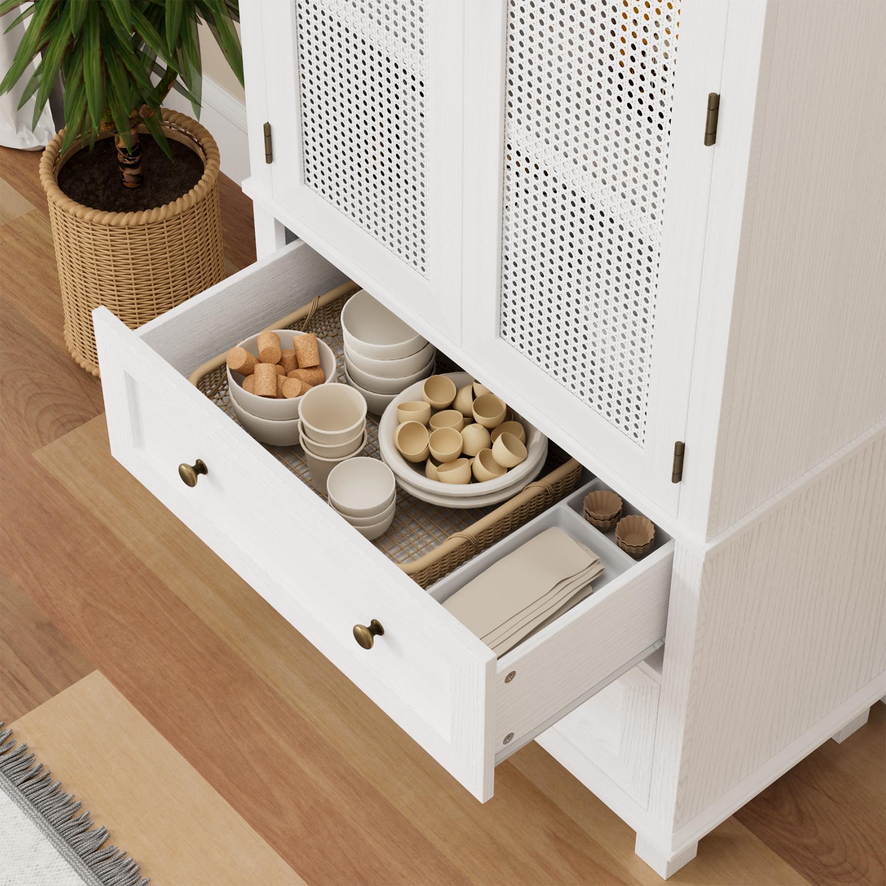 FOTOSOK Kitchen Pantry Storage Cabinet, Tall Cabinet with Rattan Doors and 2 Drawers, Freestanding Cupboard with Adjustable Shelves, Utility Pantry for Kitchen, Dining Room,White - WoodArtSupply