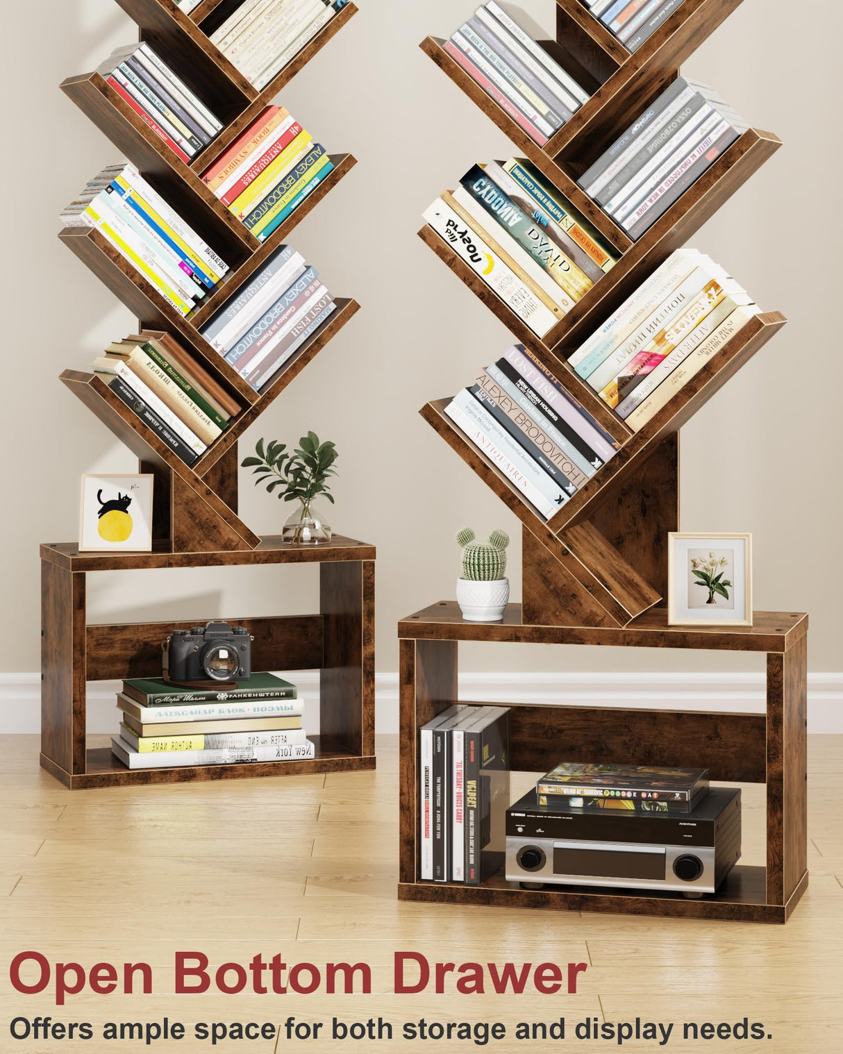 HIGDBFE 7 Tier Tree Bookshelf with Clock and Storage Cabinet, Small Narrow Floor Standing Bookcase for Bedroom, Living Room, Home Office, Rustic Brown HIGDBFE