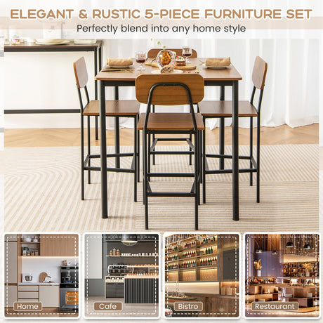 Giantex 5-Piece Dining Table Set W/Counter Height Table & 4 Bar Stools, Industrial Kitchen Dining Table Set W/Footrest & Backrest, Space-Saving Dinette Set for Pub, Dining Room, Restaurant (Walnut) Giantex