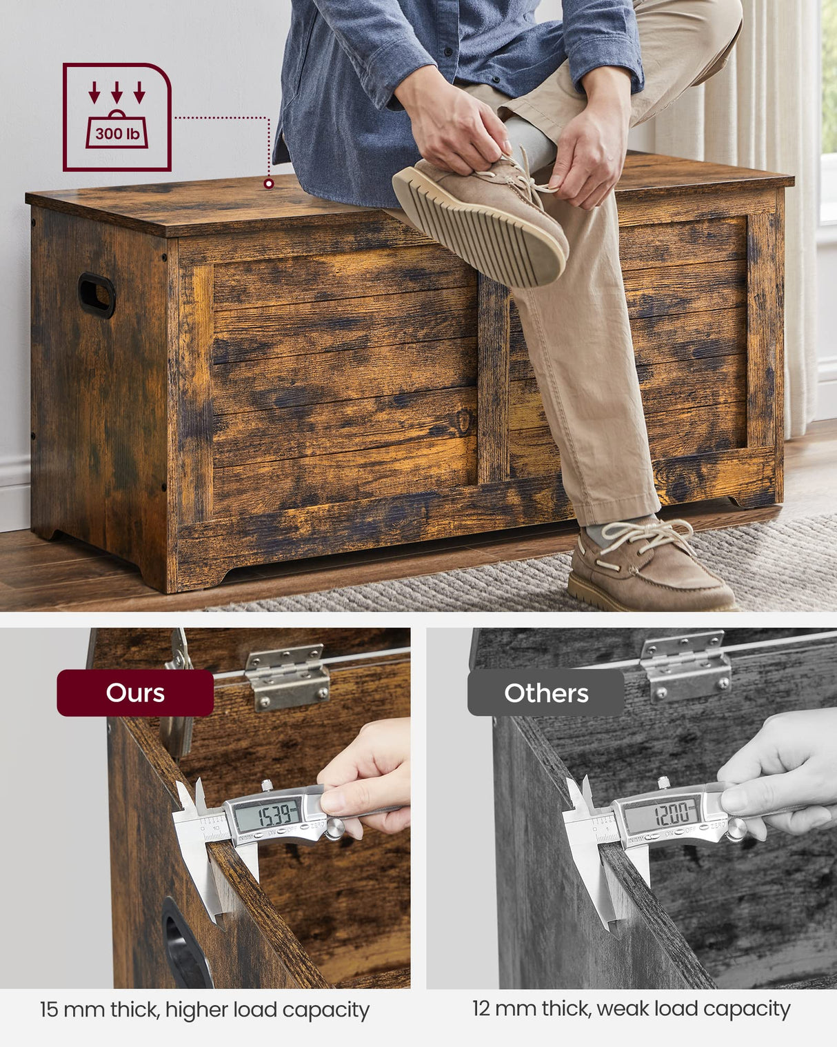 VASAGLE Storage Chest, Storage Trunk with 2 Safety Hinges, Storage Bench, Shoe Bench, Farmhouse Style, 15.7 x 39.4 x 18.1 Inches, for Entryway, Bedroom, Living Room, Rustic Brown ULSB061T01 VASAGLE