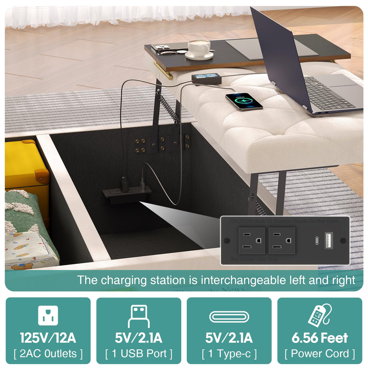 Storage Ottoman Coffee Table,Square Ottoman with Storage & Charging Station and LED Lights,Velvet Buttons Large Ottoman Coffee Table with Lift Top & Solid Wood Legs for Living Room Bedroom (Beige) busyaeh