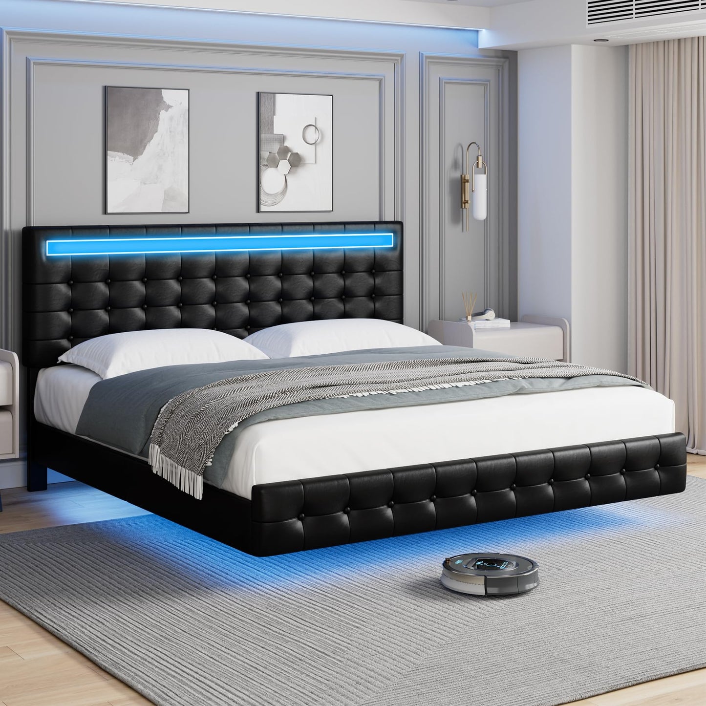 Keyluv Modern King Bed Frame with LED Lights and Upholstered Leather Headboard - WoodArtSupply