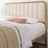 HITHOS Full Size Bed Frame with Button Tufted Headboard, Upholstered Heavy Duty Metal Mattress Foundation with Wooden Slats, Easy Assembly, No Box Spring Needed (Golden/Off White, Full) HITHOS