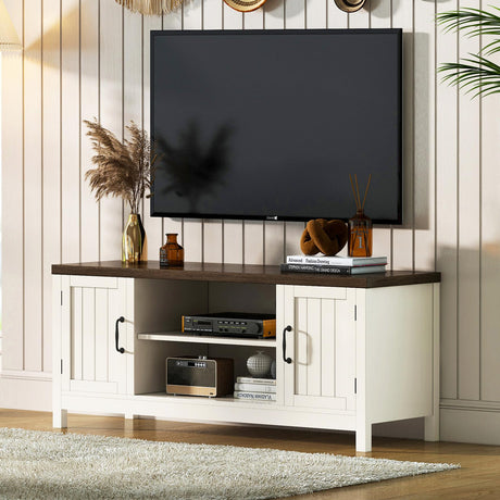 ChooChoo Farmhouse TV Stand, Wood Grooved Door Entertainment Center with Storage Cabinets and Open Shelves, Rustic Media Console up to 55 inches for Living Room, Bedroom, White ChooChoo