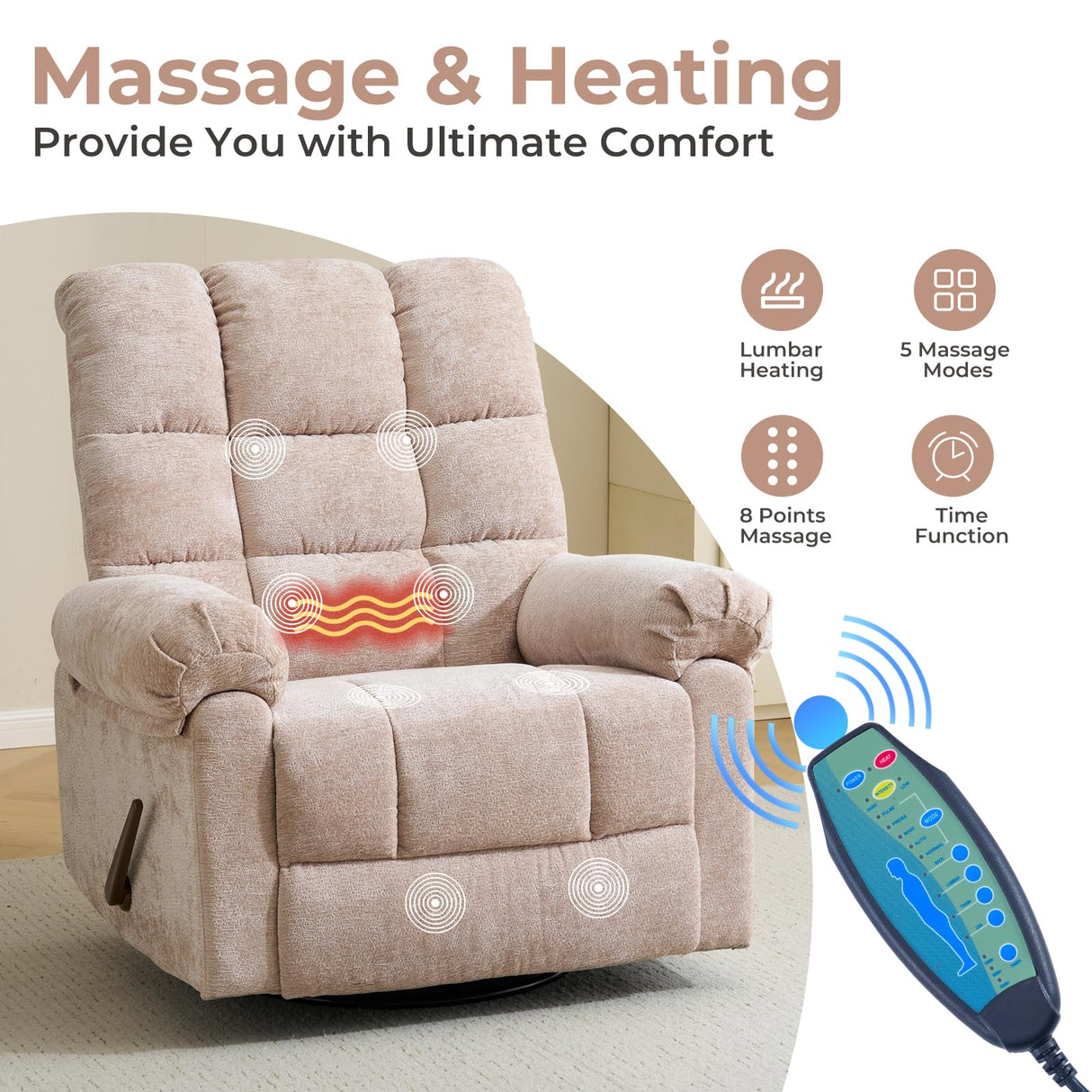 Rhevoy Swivel Rocker Recliner Chair with Heat and Massage, 26" Wide Oversized Rocker Recliner with Overstuffed Backrest,Swivel Glider Recliner for Living Room,Beige Rhevoy