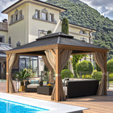 EROMMY 10' x 12' Gazebo, Wooden Finish Coated Aluminum Frame Canopy with Double Galvanized Steel Hardtop Roof, Outdoor Permanent Metal Pavilion with EROMMY