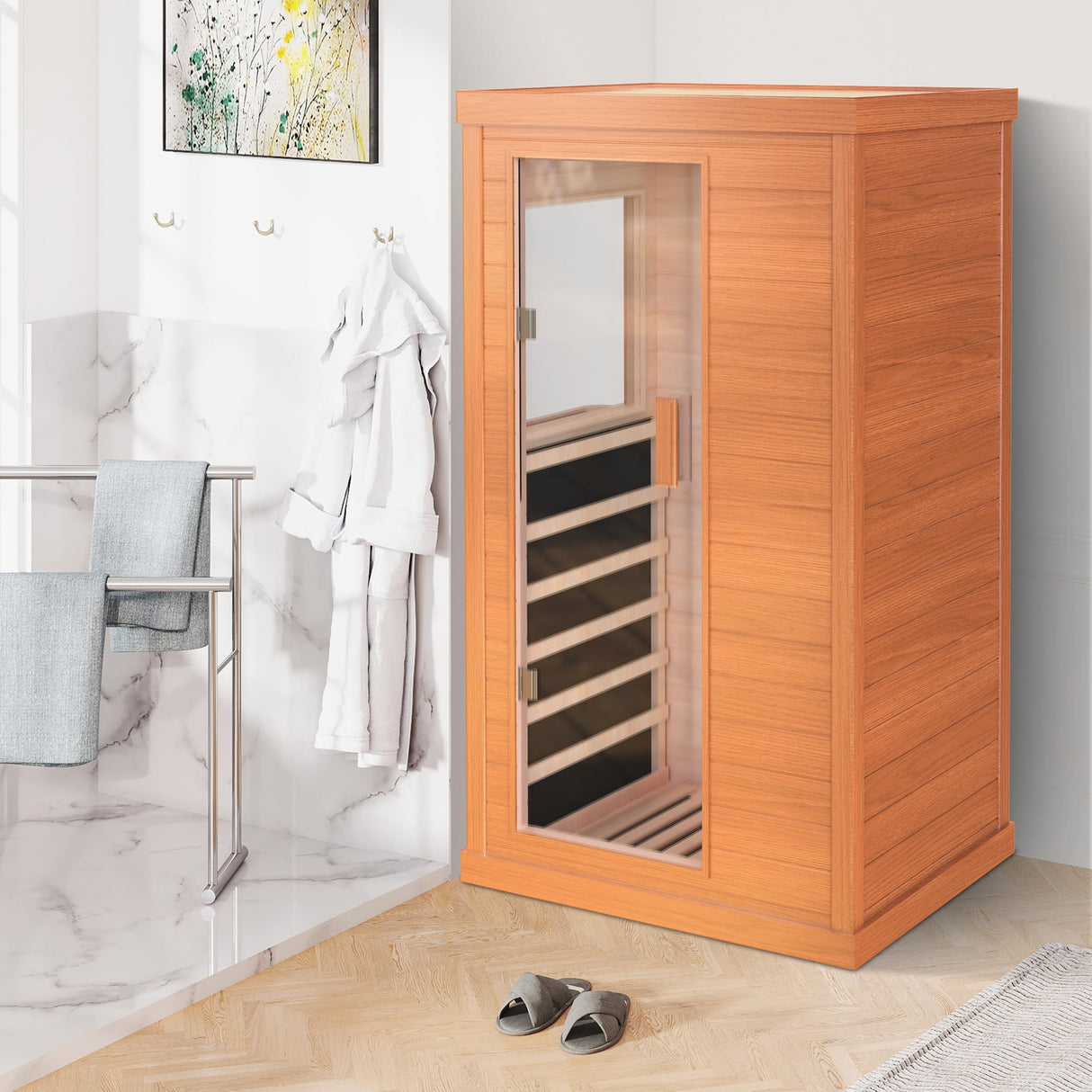 HUGROVE Far Infrared Wooden Sauna, Indoor Sauna with Bluetooth Speakers & 5 Heating Panel, 900W Aucoumea klaineana Dry Sauna for Home, Intelligent Control Panel and Tempered Glass Door HUGROVE