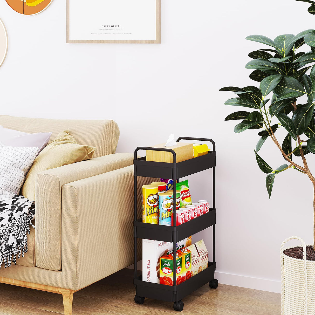 Buzowruil Rolling Storage Cart 3 Tier Organizer Mobile Shelving Unit Storage Rolling Utility Cart with Wheels for Kitchen Bathroom Laundry,Black Buzowruil