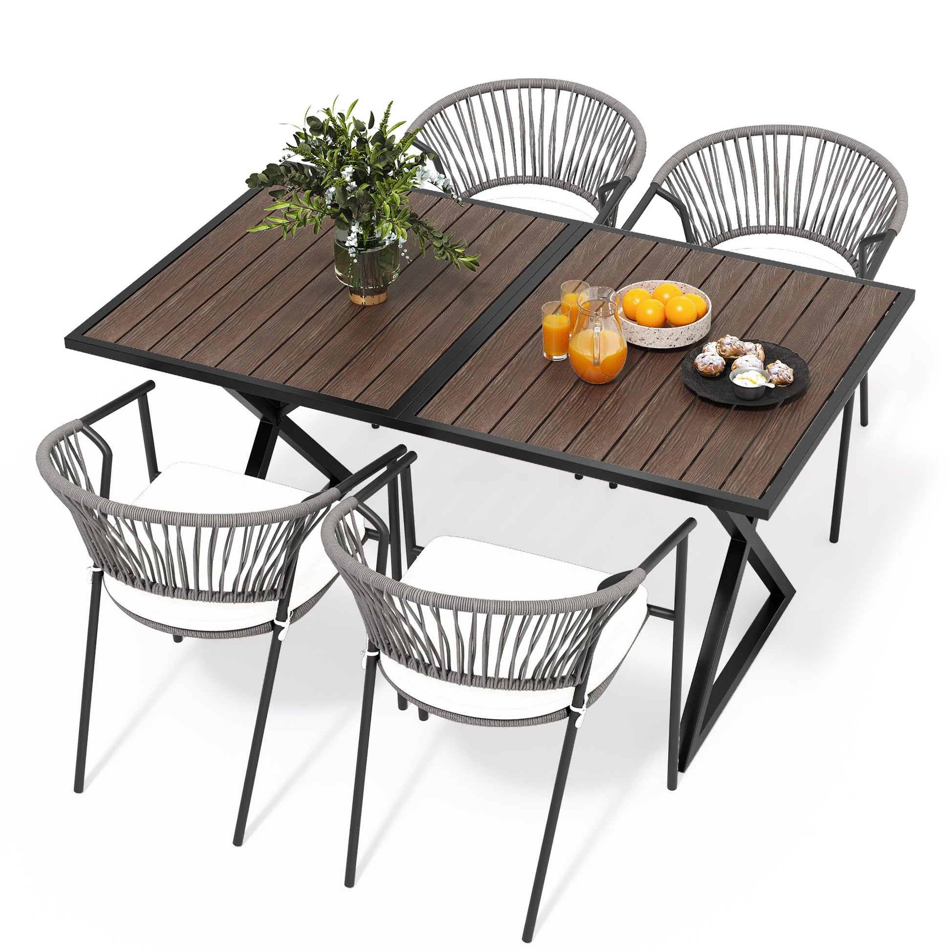 YITAHOME 5 Piece Patio Dining Set, Stackable Chairs with Comfortable Cushions, 59" Rectangle Tables with Metal Frame and Faux Wood Tabletop for Patio Balcony Porch Poolside Lawn Garden, Brown - WoodArtSupply