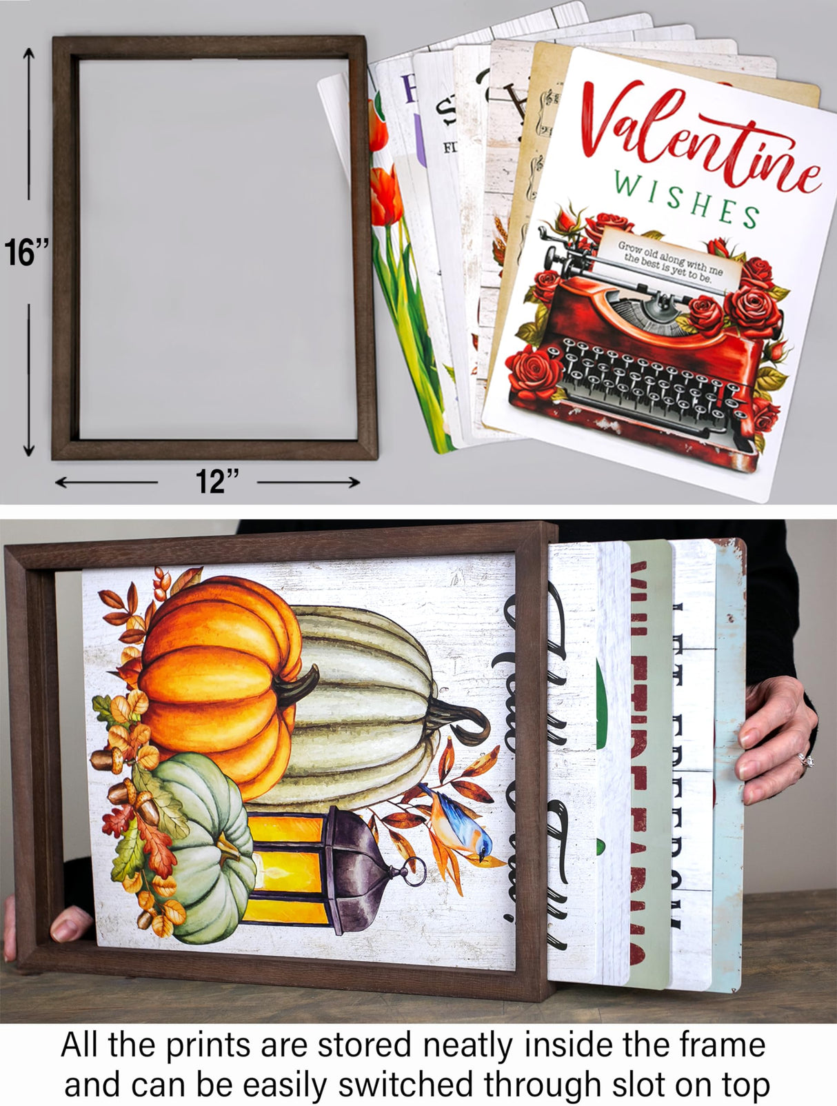 Farmhouse Wall Decor for your Home - 12x16 Rustic Wood Frame with 14 Interchangeable Sayings for the 4 Seasons, Christmas, Easter, Thanksgiving & July 4 Parallel Decor