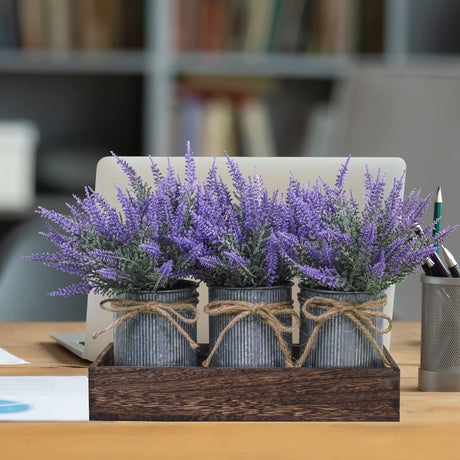 Set of 3 Small Potted Plants Arrangement Artificial Lavender Flower Plants in Rustic Galvanized Metal Pots with Decorative Wood Tray for Farmhouse Table Centerpiece Windowsill Country Indoor Decor Winlyn