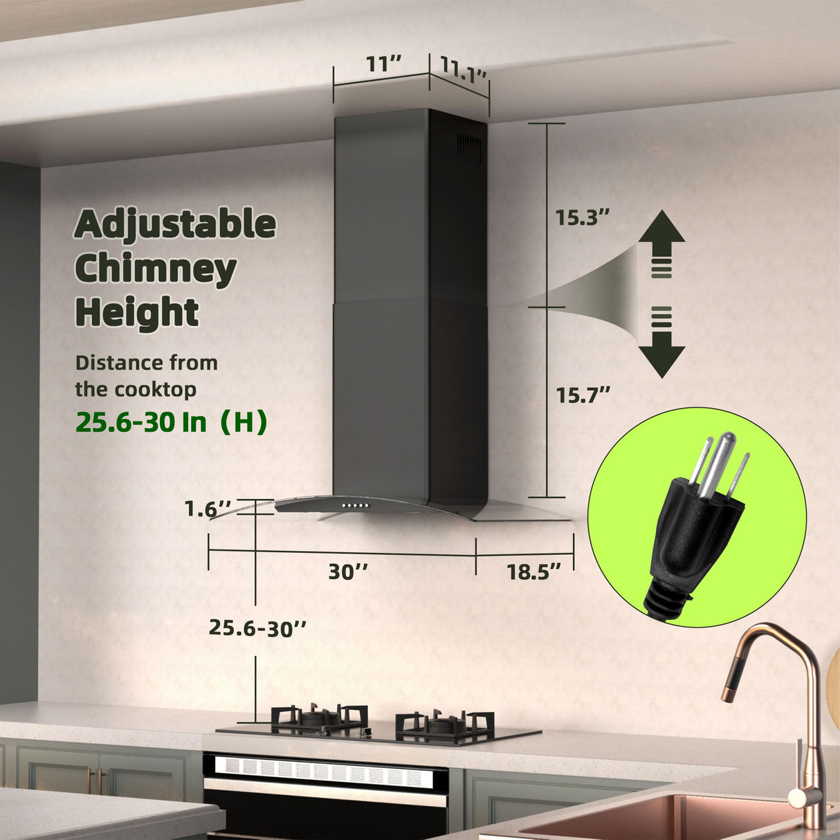 FIREGAS Wall Mount Range Hood 30 inch with 3 Speed Fan,black range hood with tempered glass,400CFM,Push Button Controls, LED Lighting, Permanent Filters in Stainless Steel,includes 2 Charcoal Filters FIREGAS