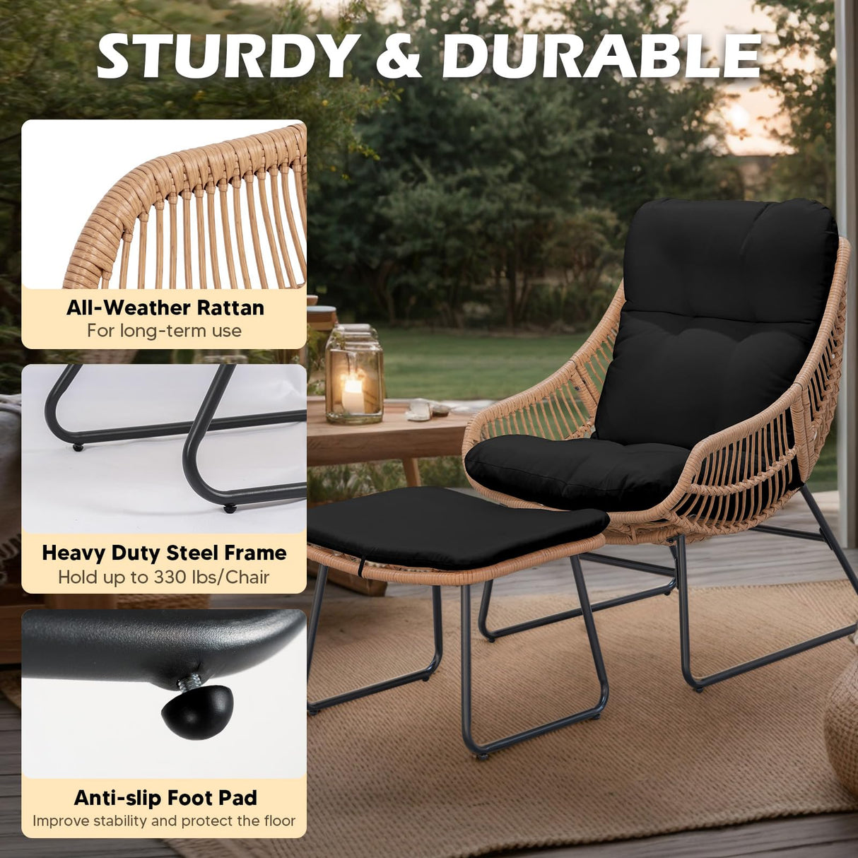 HOMEZILLIONS Outdoor Wicker Papasan Egg Chair with Ottoman, Patio Basket Lounge Chair Indoor Egg-Shaped Rattan Reading Lounger with Thick Cushion for Living Room Bedroom Balcony Porch, Black HOMEZILLIONS