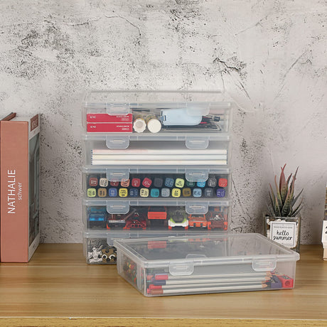 BTSKY Clear Plastic Storage Box with Flap Lid, Multipurpose Craft Organizers and Storage Box Art Supply Storage Organizer Plastic Sewing Box for Beads Pencils Notebooks, 6 Pack Small BTSKY