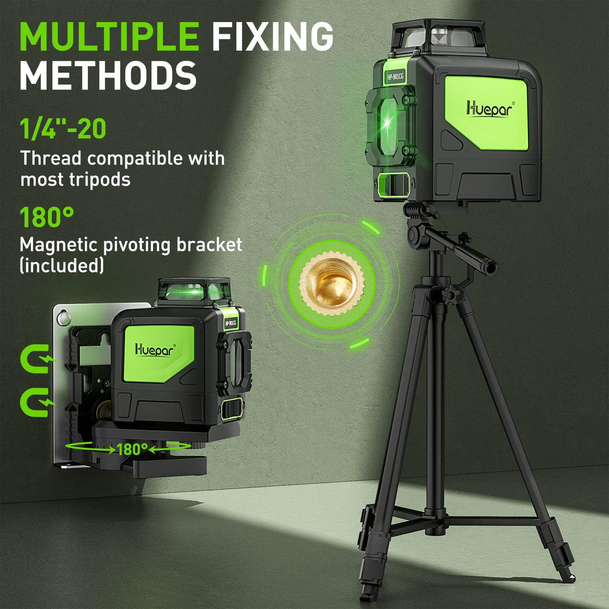 Huepar 901CG Self-Leveling Laser Level, 360 Green Beam Cross Line Laser Tool, Alignment 360-Degree Horizontal Line with Pulse Mode, Magnetic Pivoting Base Included Huepar