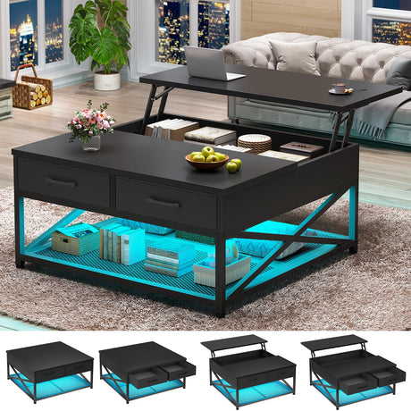 Itaar 31.5" Lift Top Coffee Table with Storage, Square Coffee Tables for Living Room, Coffee Table with 2 Fabric Drawers & Large Storage Shelvs, Black Itaar