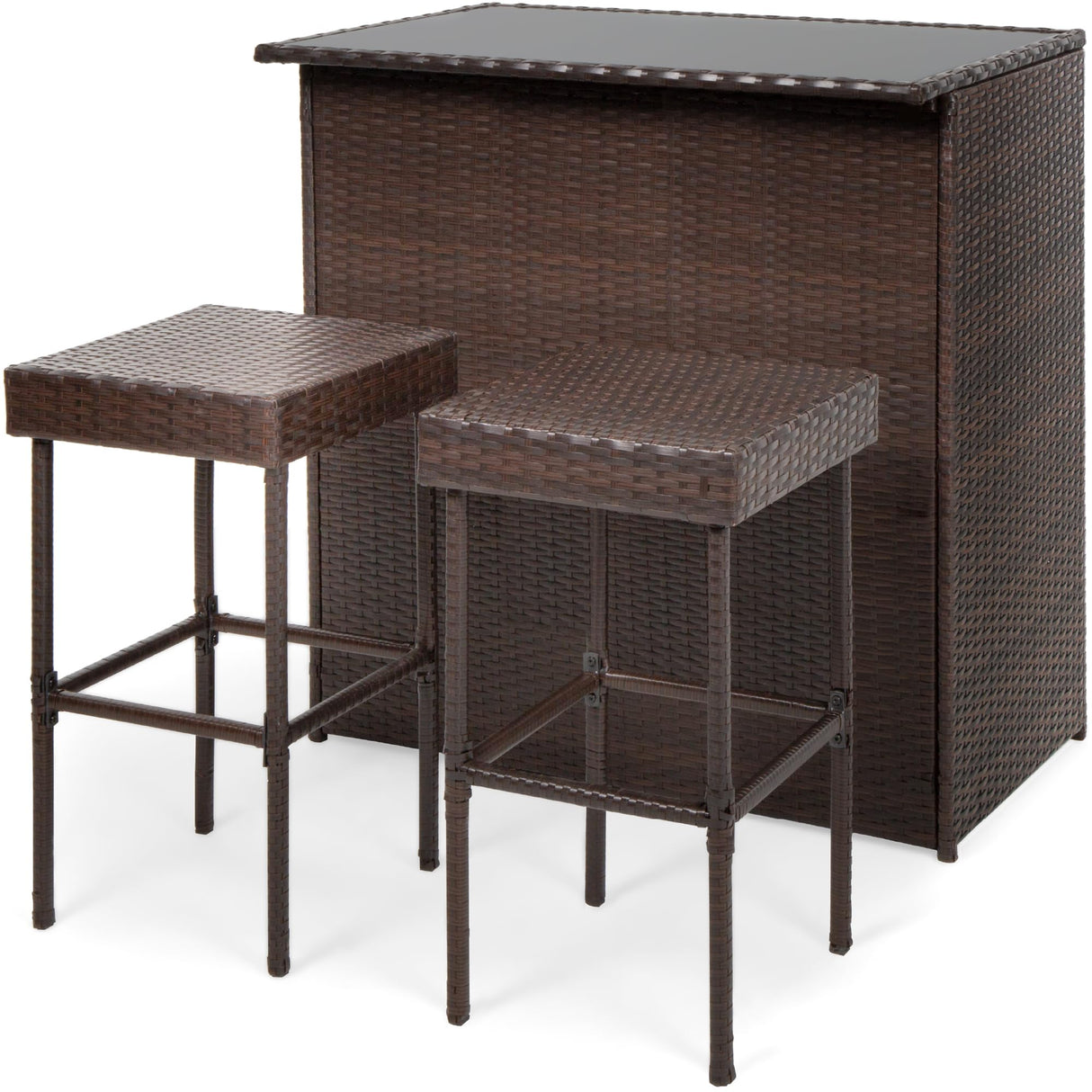 Best Choice Products 3-Piece All-Weather Wicker Bar Table Set for Indoor Outdoor, Kitchen, Patio, Backyard w/ 2 Stools, Glass Tabletop, Storage Shelves - Brown Best Choice Products