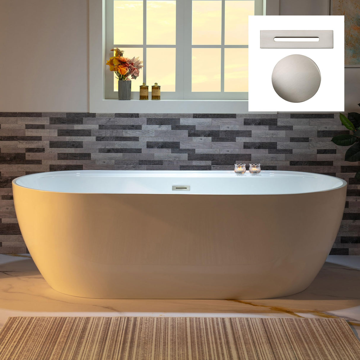 WOODBRIDGE 72" Acrylic Freestanding Bathtub Contemporary Soaking White Tub with Brushed Nickel Overflow and Drain,B0059-BN WOODBRIDGE