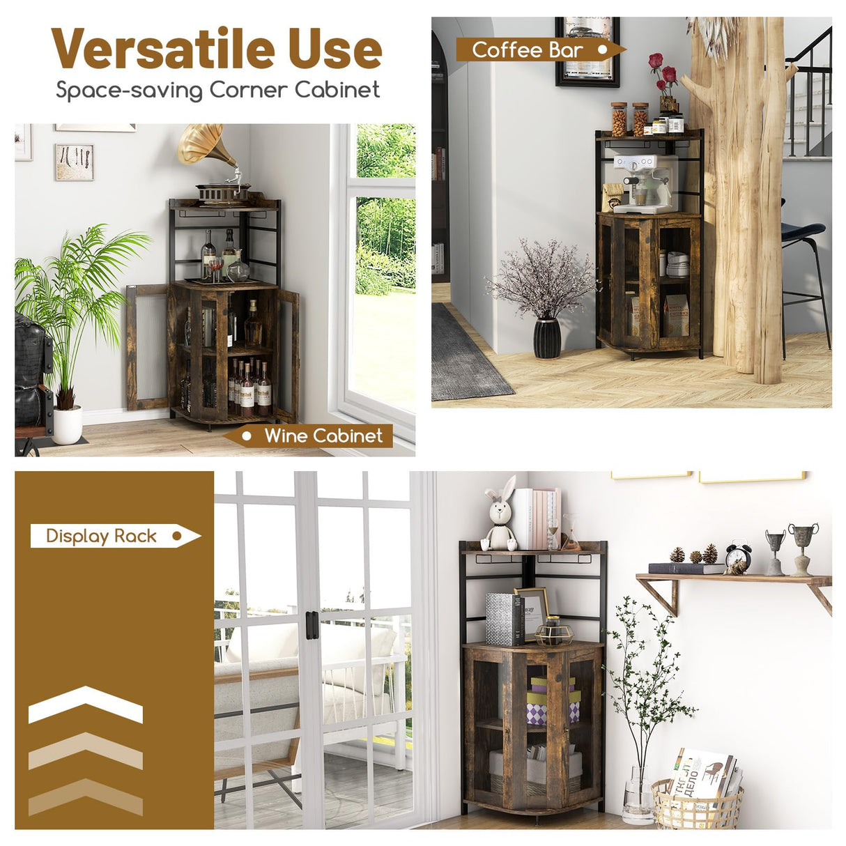 Giantex Corner Bar Cabinet with Glass Holder, Industrial Wine Cabinet with Metal Mesh Doors & Adjustable Shelf, Buffet Cabinet with Anti-tip Kit for Home Coffee Bar Bistro (Rustic Brown & Black) Giantex