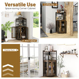 Giantex Corner Bar Cabinet with Glass Holder, Industrial Wine Cabinet with Metal Mesh Doors & Adjustable Shelf, Buffet Cabinet with Anti-tip Kit for Home Coffee Bar Bistro (Rustic Brown & Black) Giantex