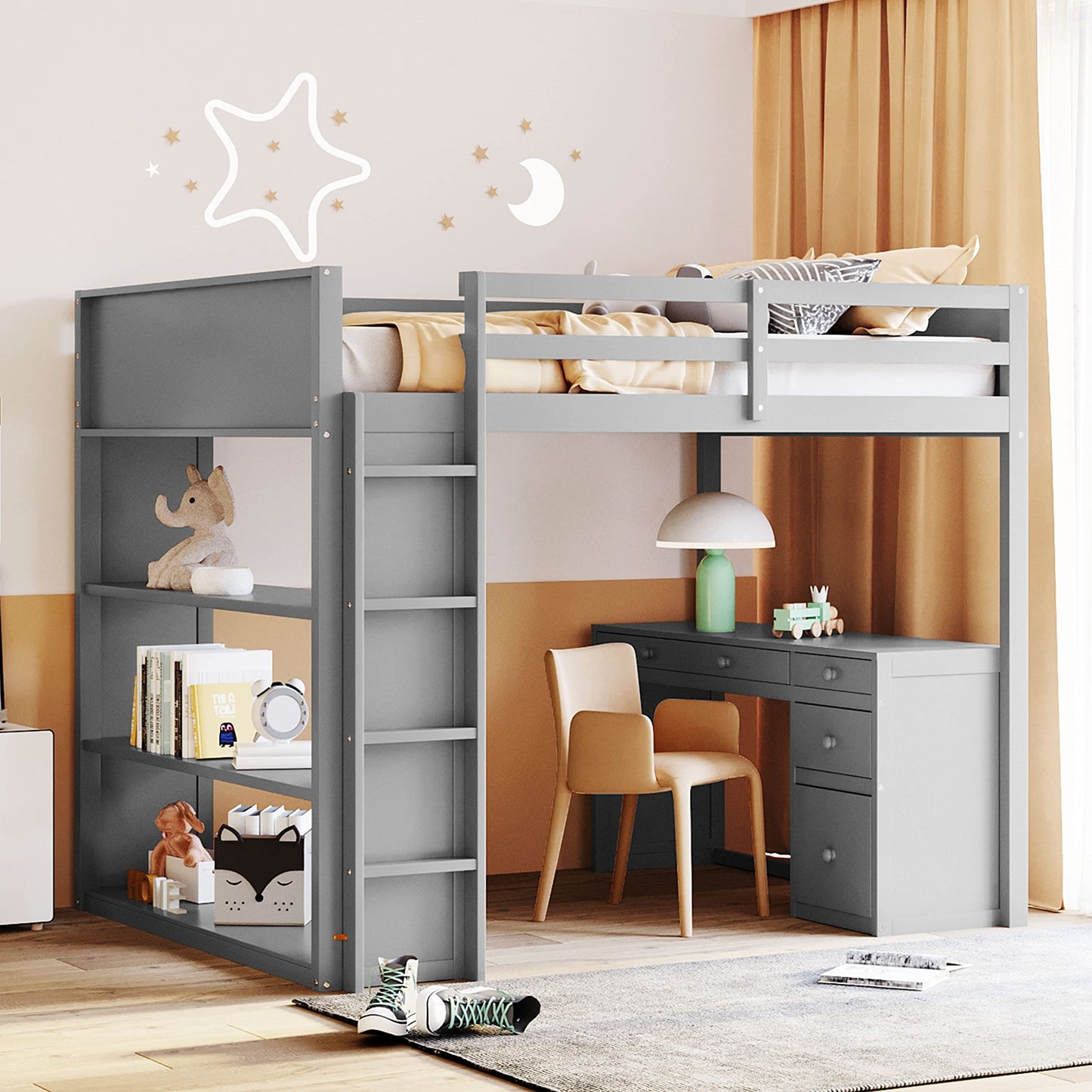 CITYLIGHT Grey Full Loft Bed with Desk, Shelves, and Storage Drawers for Kids - WoodArtSupply