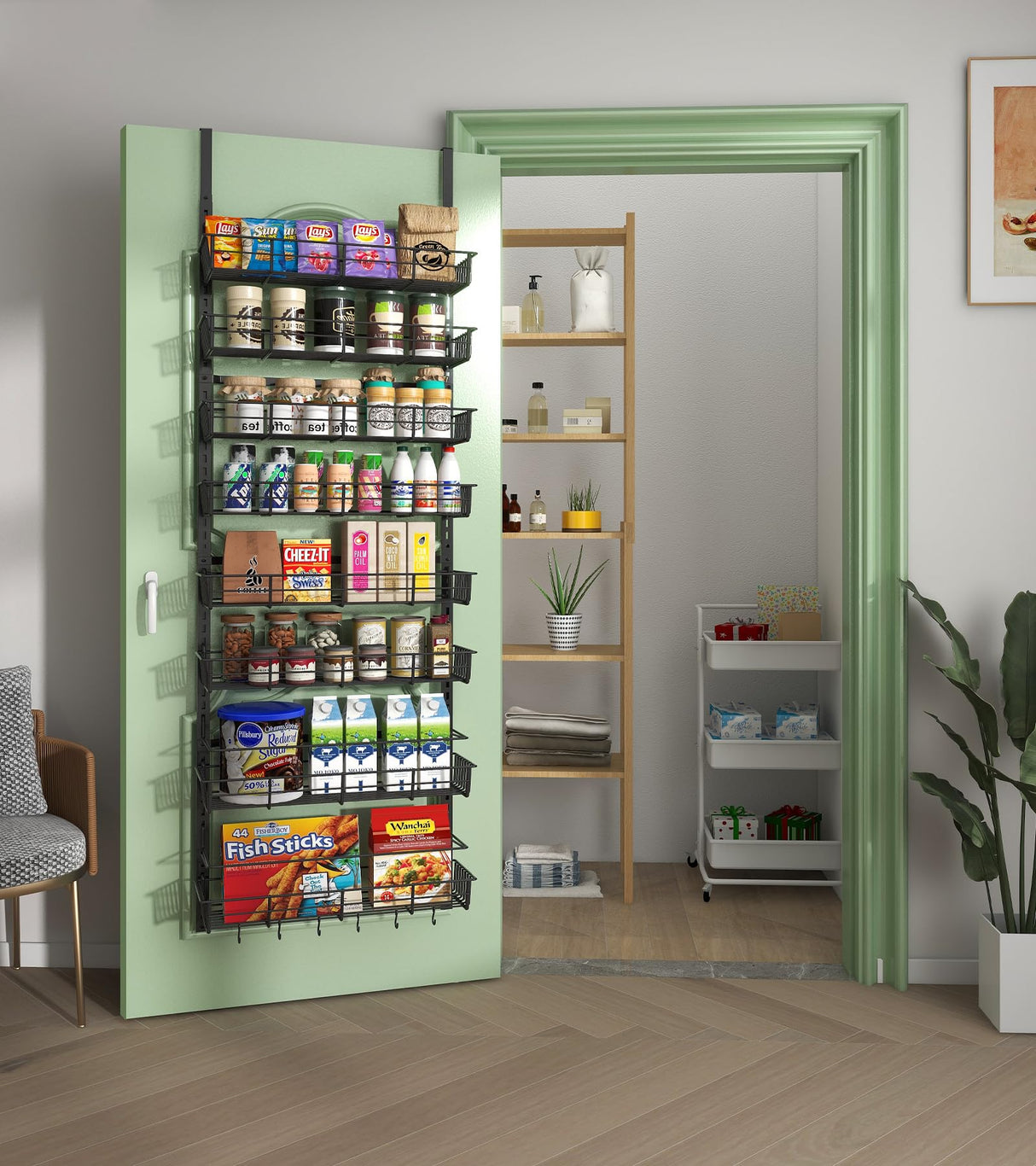 Mefirt Over The Door Pantry Organizer, Wall Mount Spice Rack, Pantry Hanging Storage and Organization, 8 Adjustable Baskets Heavy-Duty Metal for Home & Kitchen, Back of Door Seasoning Rack - Black Mefirt