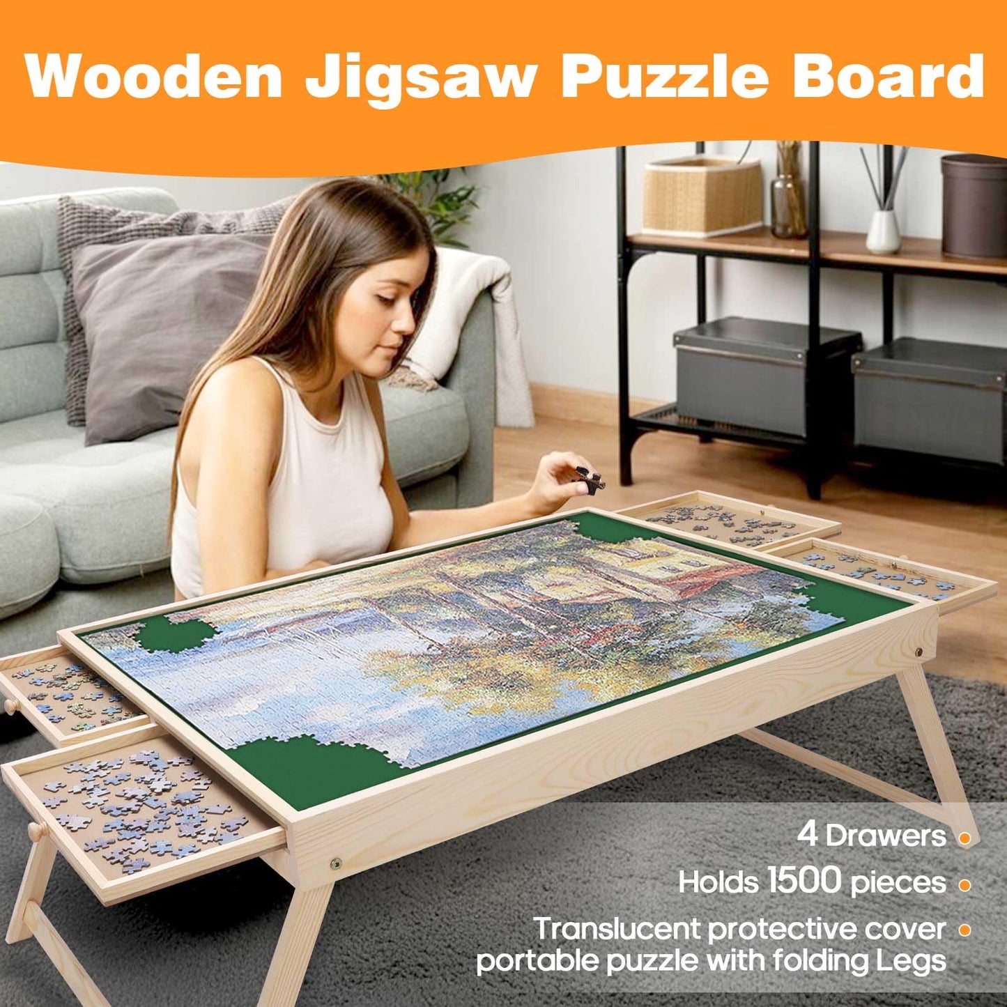 ITEFDTUTNE Jigsaw Puzzle Table with Folding Legs, 34 "x 26" Wooden Puzzle Table with 4 Drawers and Cover, Portable Puzzle Enlightenment Board for Puzzle Storage and Sorting - 1500 Piece - WoodArtSupply