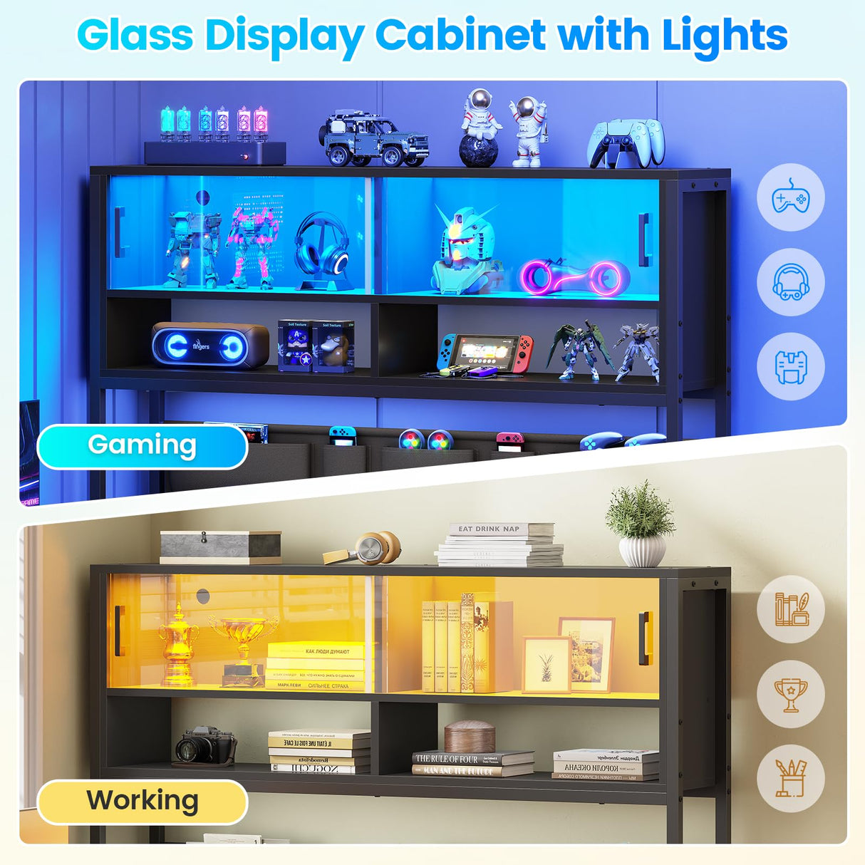 SEDETA L Shaped Gaming Desk, Home Office Computer Desk with 2 Drawer and Bookshelf, L Shaped Gaming Desk with LED Light, Glass Cabinet and Storage Bag, Corner Desk with Storage Shelves, Black SEDETA