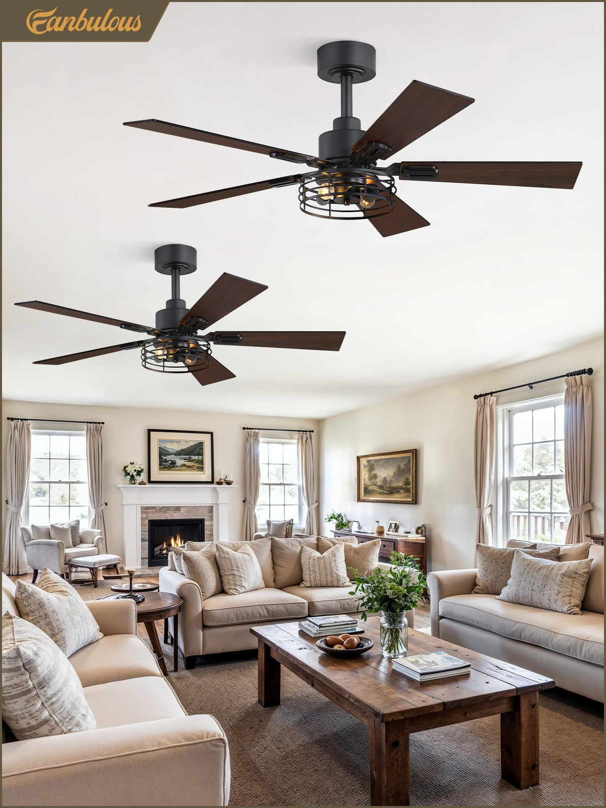 Fanbulous 2 Pack Farmhouse 42 Ceiling Fans with Lights, Black Industrial Caged Ceiling Fans for Bedroom Living Room, Double-Sided 5 Blades Rustic Ceiling Fan Fanbulous