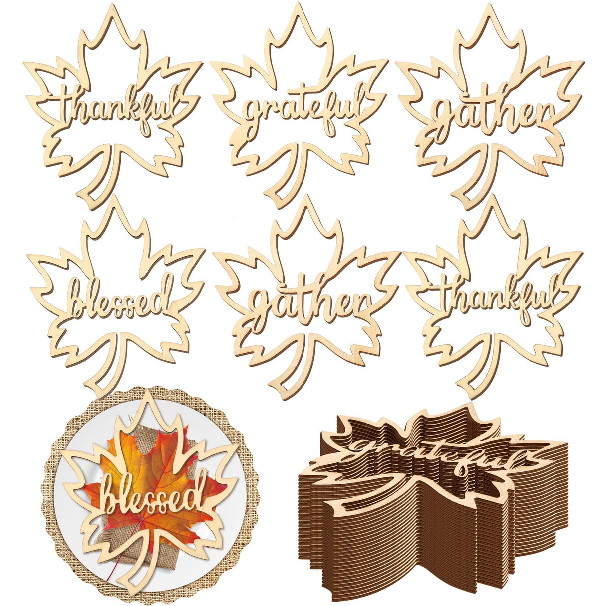 24 Pieces Fall Thanksgiving Maple Wooden Plate Decor Thankful Grateful Blessed Gather Place Card Settings Fall Dining Table Plate Ornament Farmhouse Home Table Rustic Letter Sign Bucherry