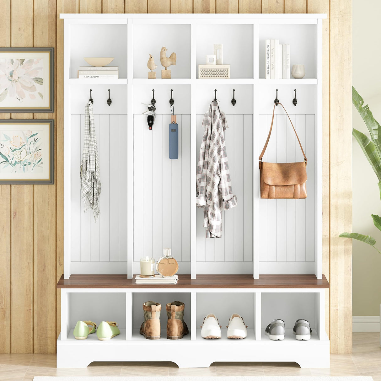 Merax 59" W Hall Tree,Farmhouse Entryway Storage and Wood Coat Rack, Entryway Furniture with 8 Hooks, Hall Tree with Bench and Shoe Storage, Rustic White Merax