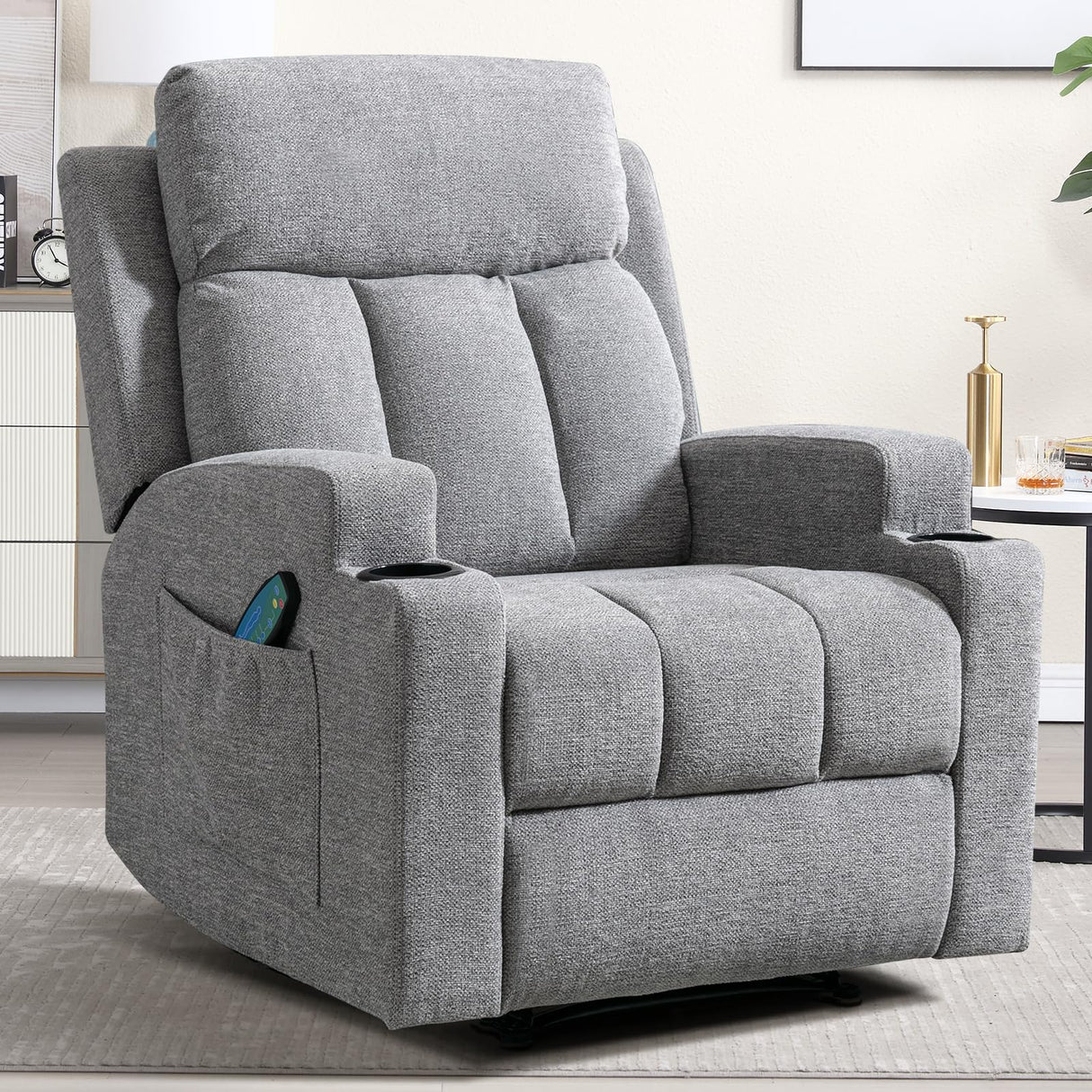 CANMOV Manual Massage Heat Recliner Chair Set of 2,Soft Fabric Recliner Chair with Overstuffed Arm and Back, Manual Reclining Single Sofa with 2 Cup Holders, Side Pocket for Living Room,Grey CANMOV