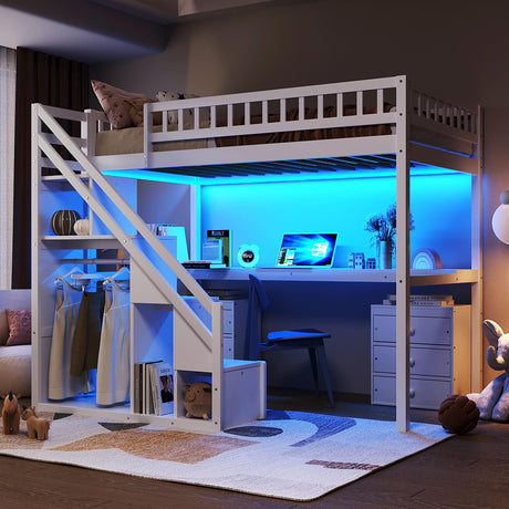 SOFTSEA Twin Size Gaming Loft Bed with Stairs and Desk, Wooden Loft Bed with Open Wardrobe, Storage Drawers & LED Lights for Kids Teens Adults, White SOFTSEA